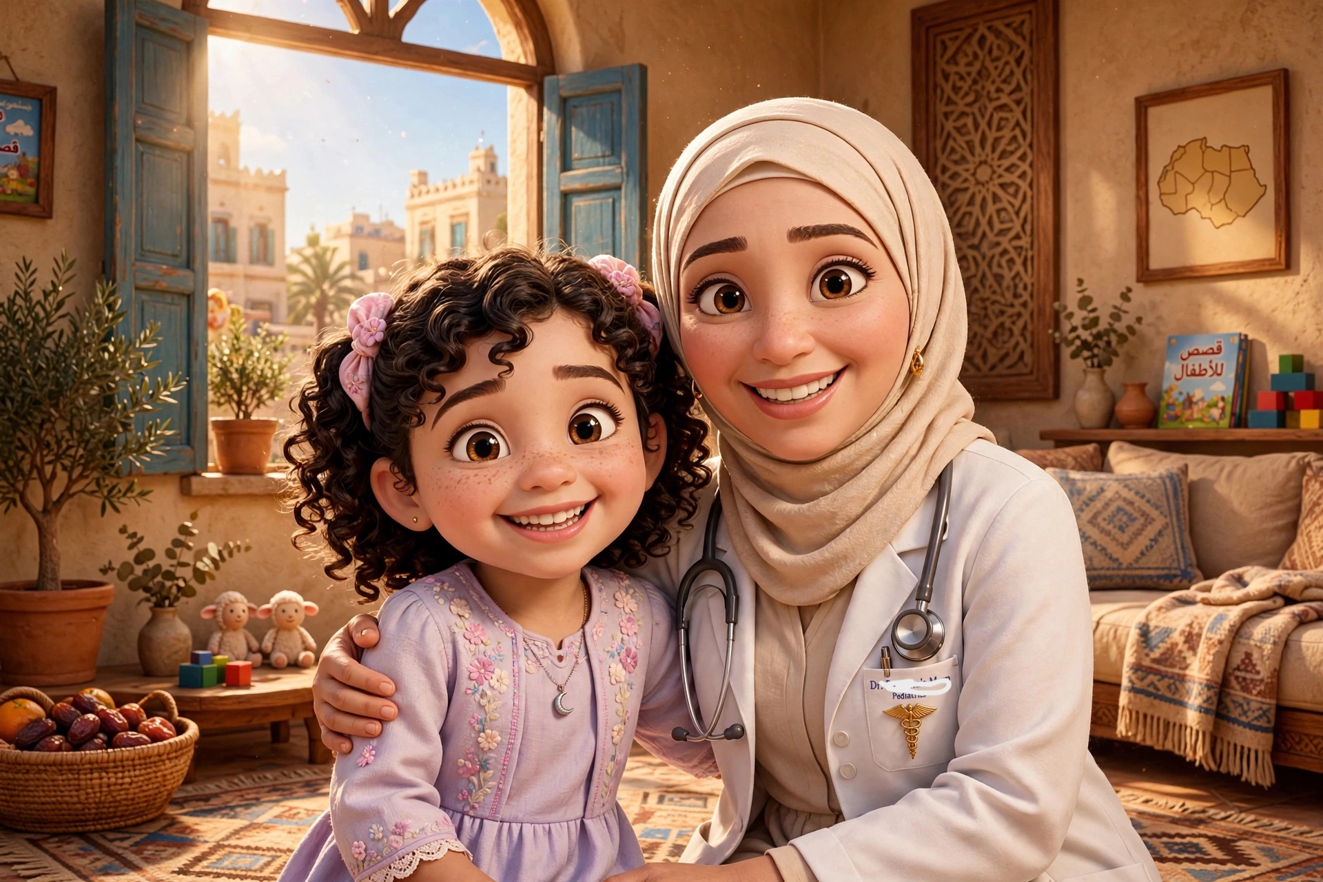 Dr. Amira examining a young girl's arm with kids skincare products on the table