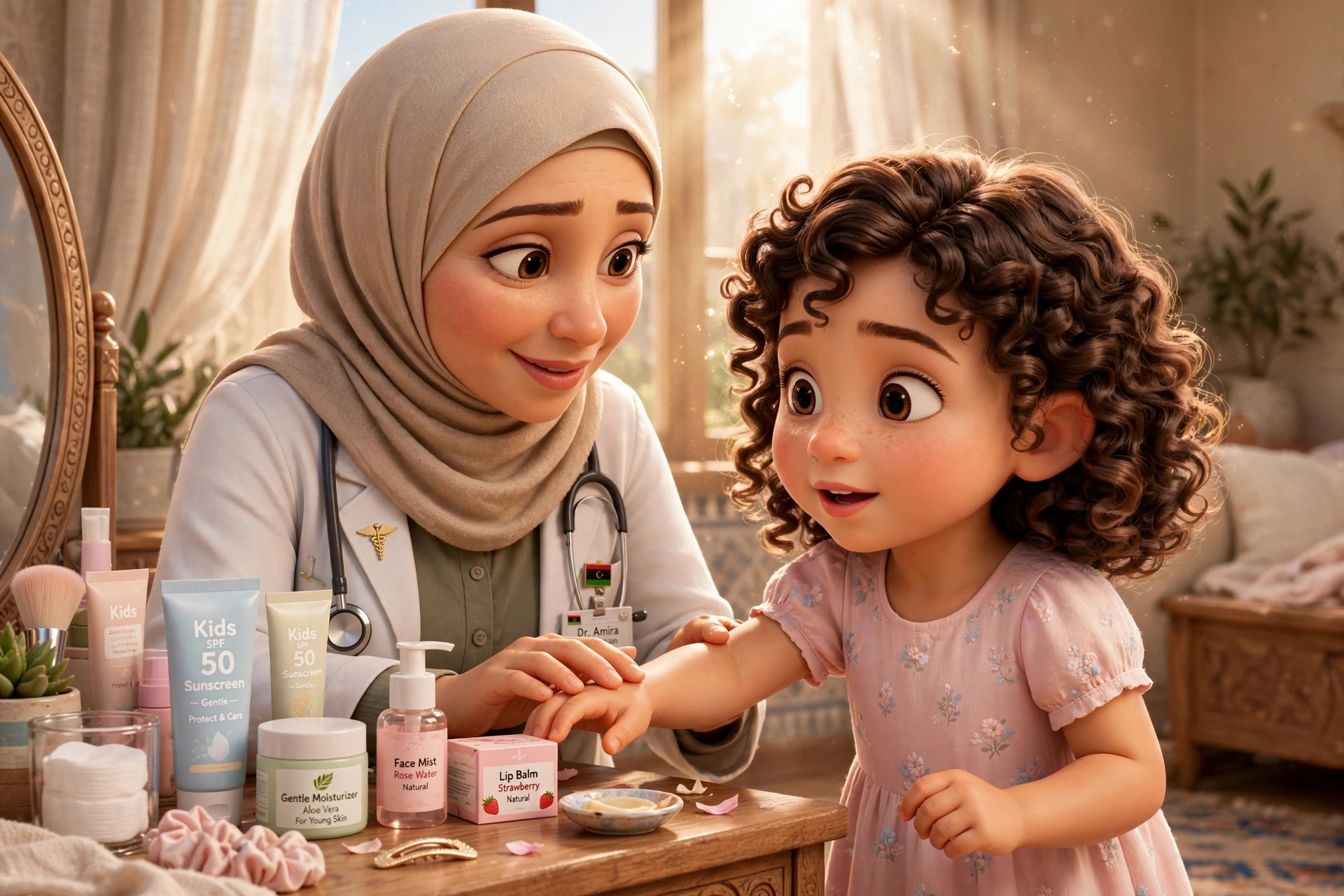 Woman in hijab looking into the mirror at her skincare routine