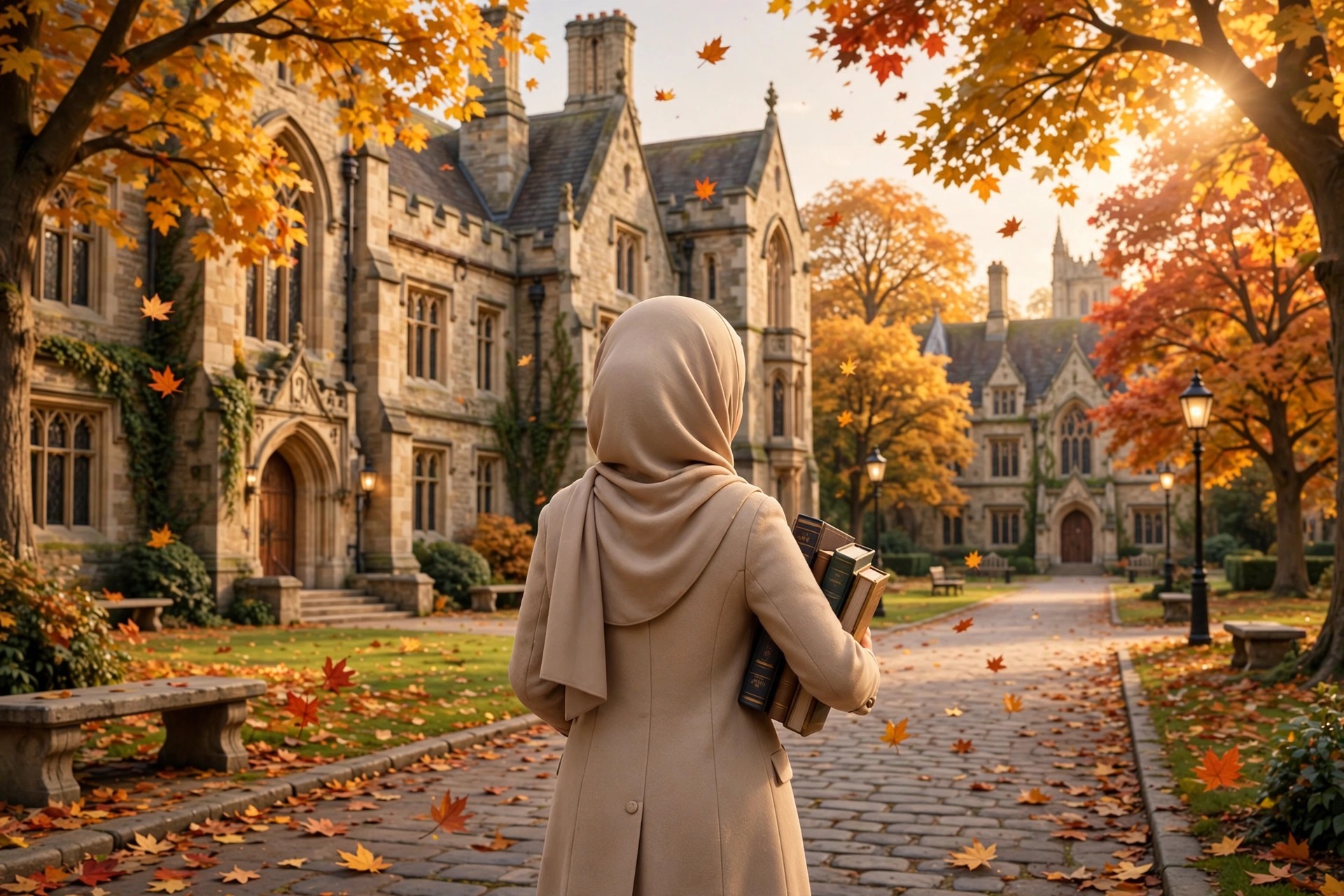 Walking through an autumn university campus with books in hand