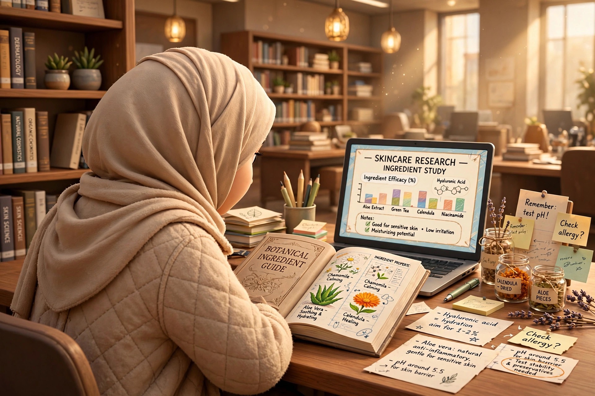 Researching skincare ingredients and botanical properties at a desk