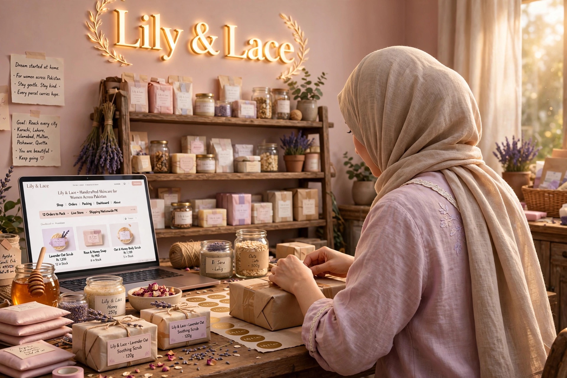 Packing Lily & Lace orders at the home-based studio