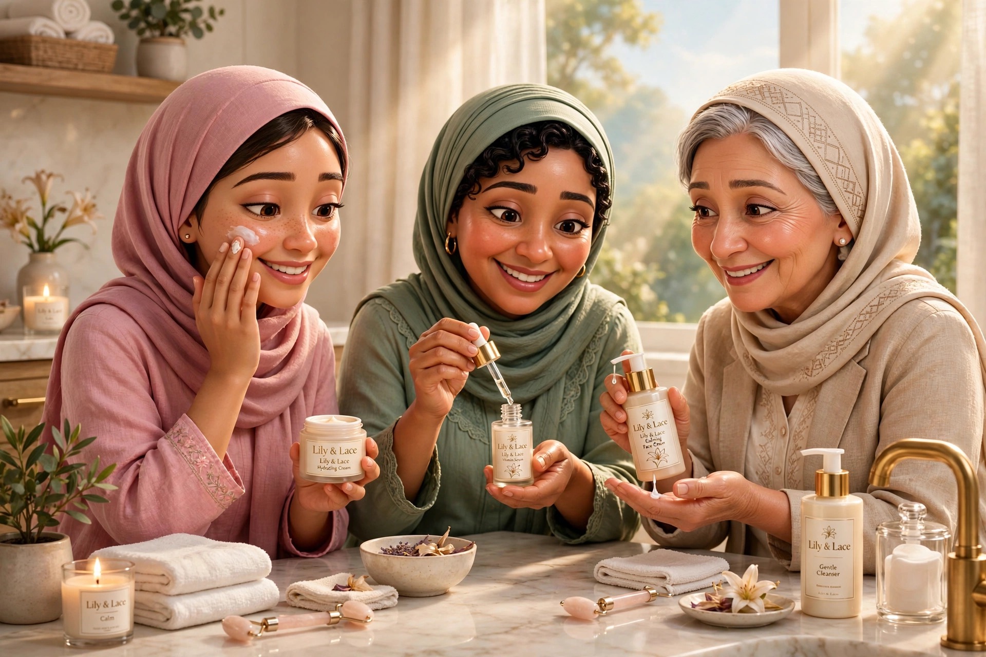 Three generations of women sharing a Lily & Lace skincare ritual