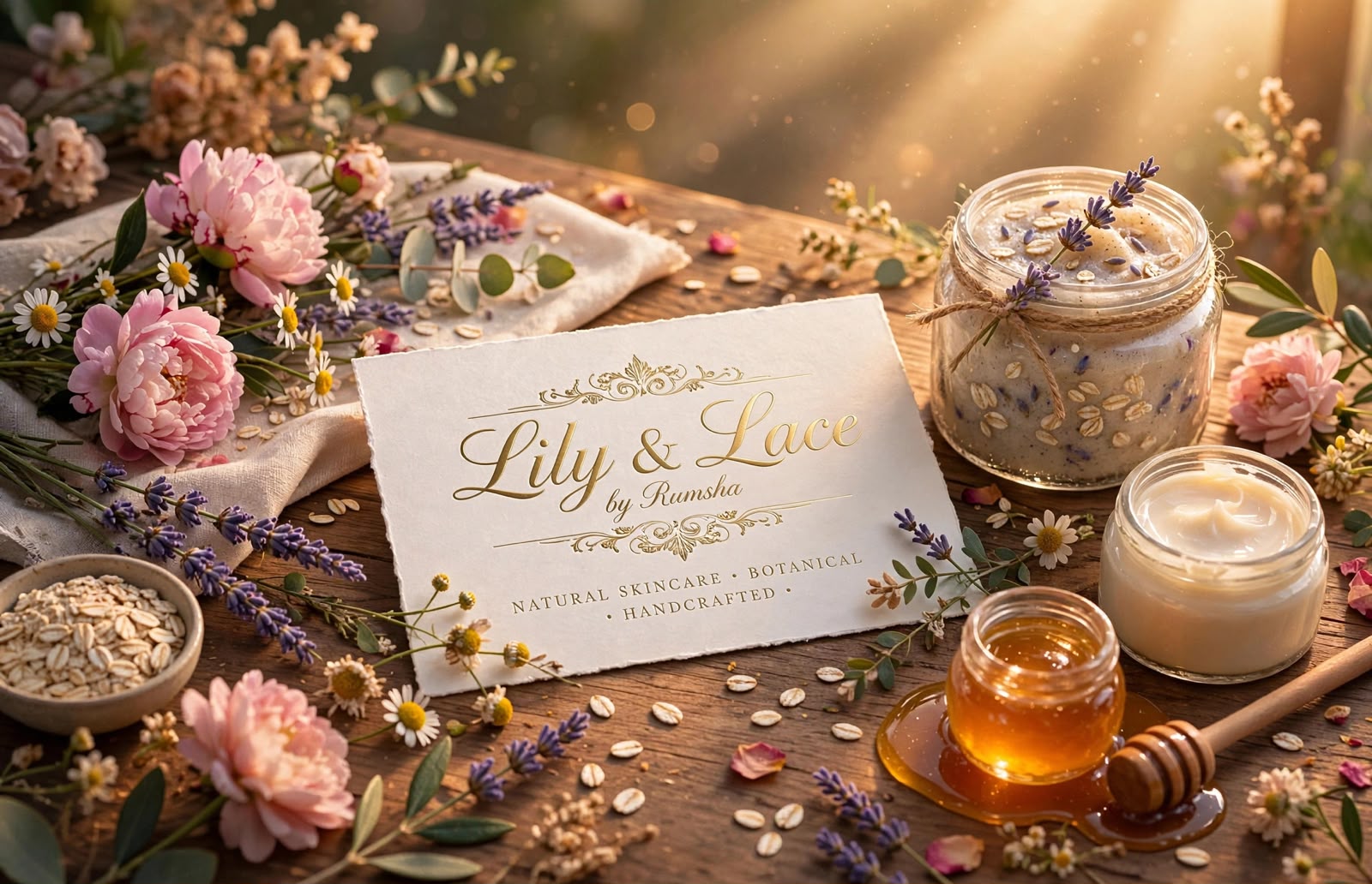 Lily & Lace by Rumsha — natural, botanical, handcrafted skincare flat lay